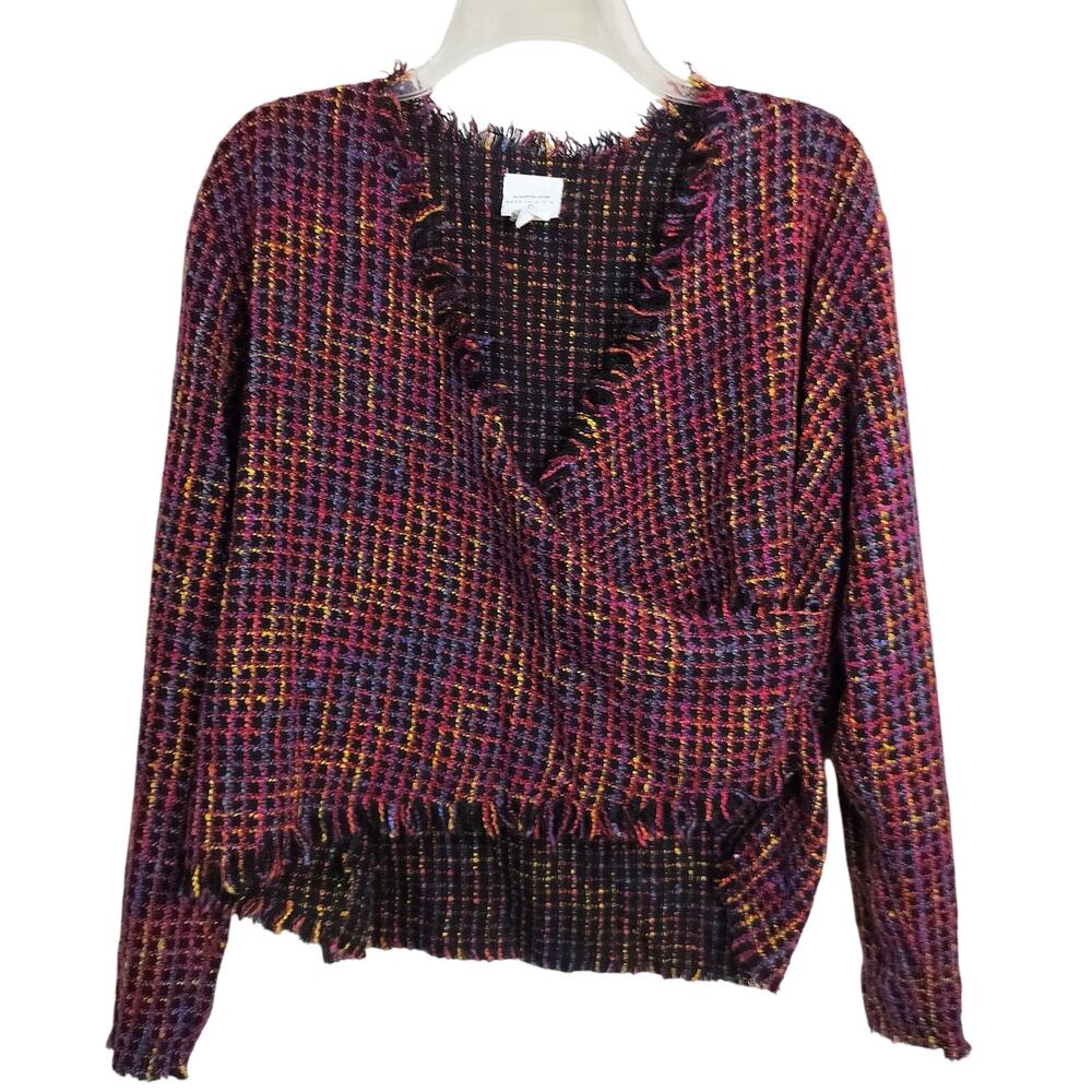 5087) CMC by Color me Cotton Multicolor Fringe Tweed Cropped Wrap Top Large